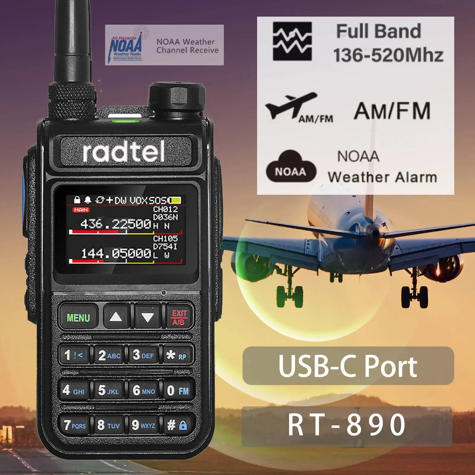 Radtel-RT-890 de banda completa, Radio Amateur de 2 vías, 999CH, walkie-talkie AM Air, escáner a Color, escaneo marino NOAA