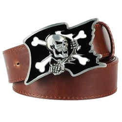 Ceinture en cuir PU avec boucle en métal, motif tête de mort, squelette, drapeau de Pirate, à la mode