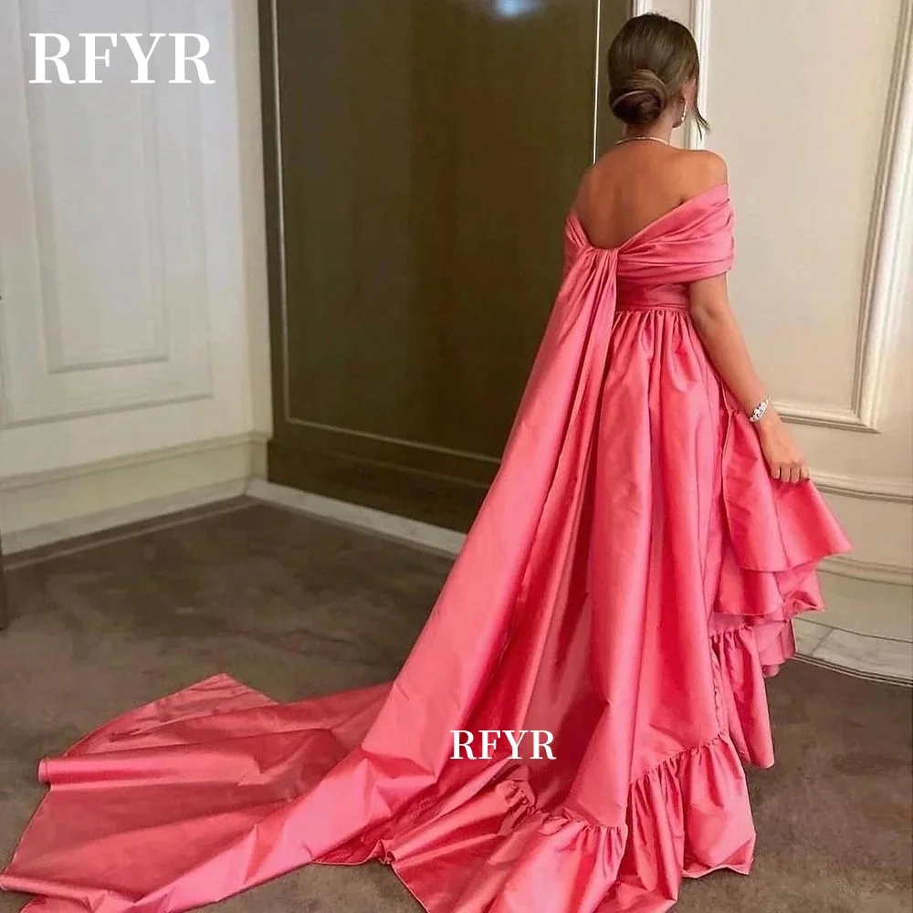 

RFYR Off Shoulder Evening Dress with Pleats Prom Dress Back Train High Low Party Dress for Arabic Women vestidos Customized
