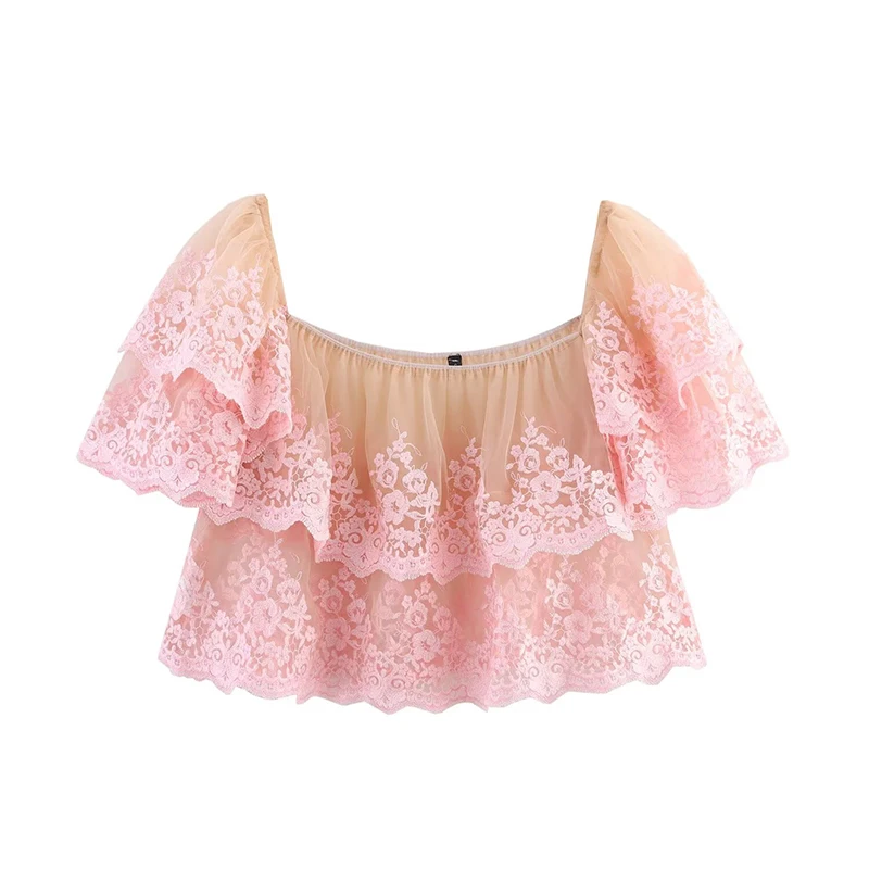 

YENKYE Sexy off Shoulder Pink Ruffle Embroidery Crop Blouse Women Short Sleeve Semi-Sheer Summer Tops Streetwear ropa para mujer