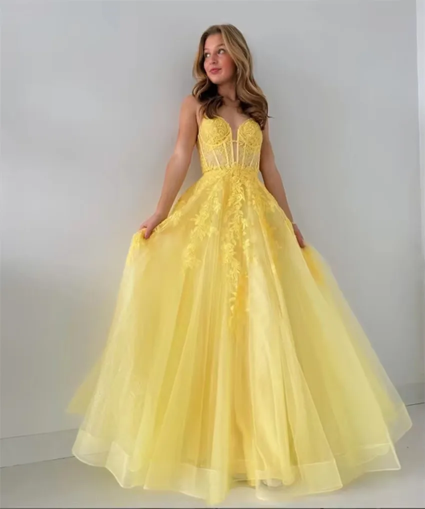 

Customized Yellow Tulle Evening Dresses Spaghetti Straps Long Graduation Dresses Appliques Backless Prom Dressvestidos de fiesta