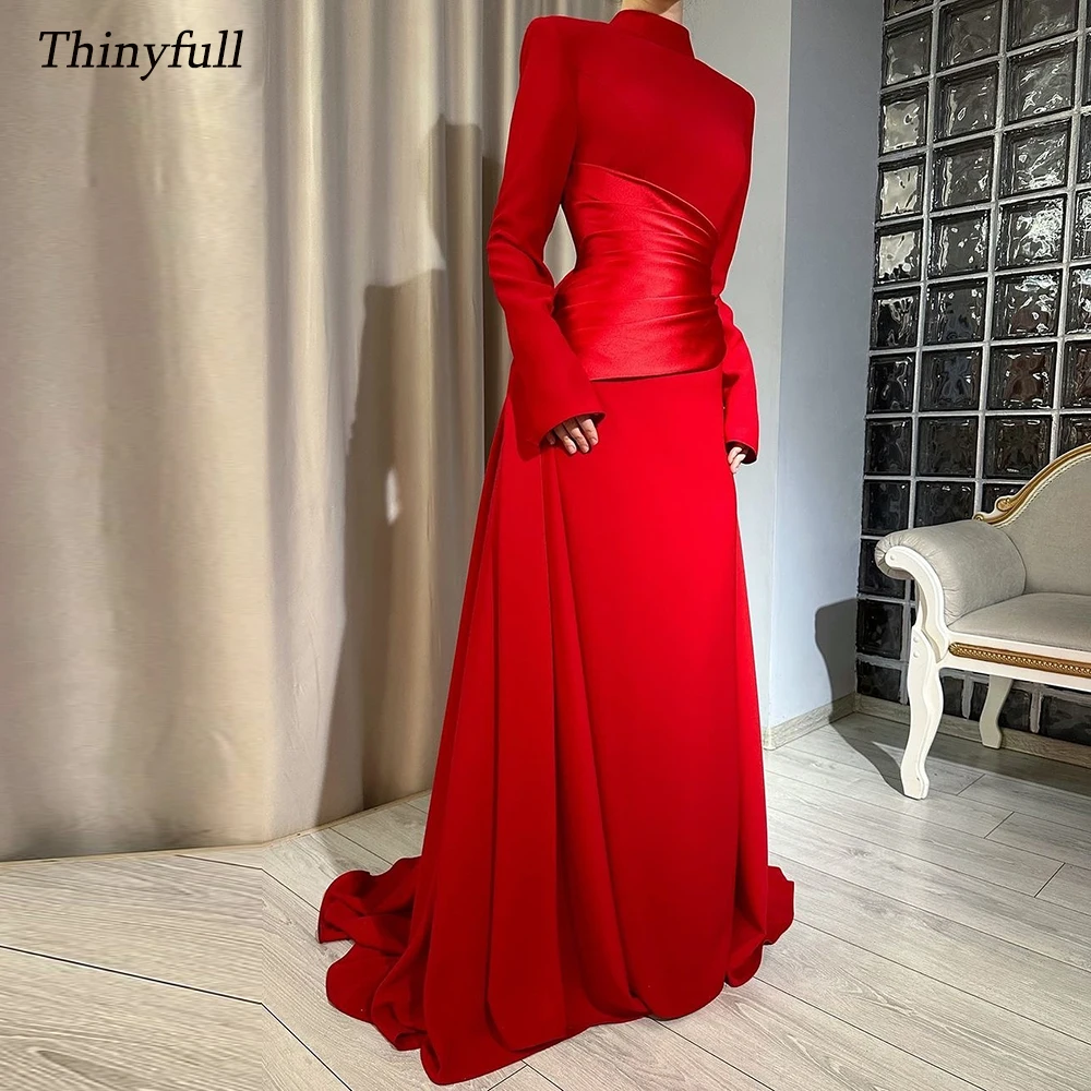 

Thinyfull Mermaid Arabic Prom Dresses High Neck Full Sleeves Satin Evening Party Gown Dubai Custom Made Formal Occasion Dress