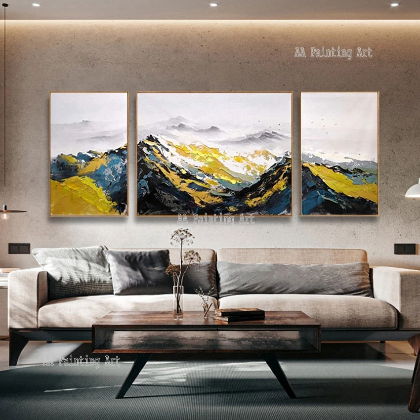 

Gold Mountain Picture Wall Art Abstract 3PCS Oil Painting Hand Item On Canvas Living Room Decoration Unframed Wall Showpieces