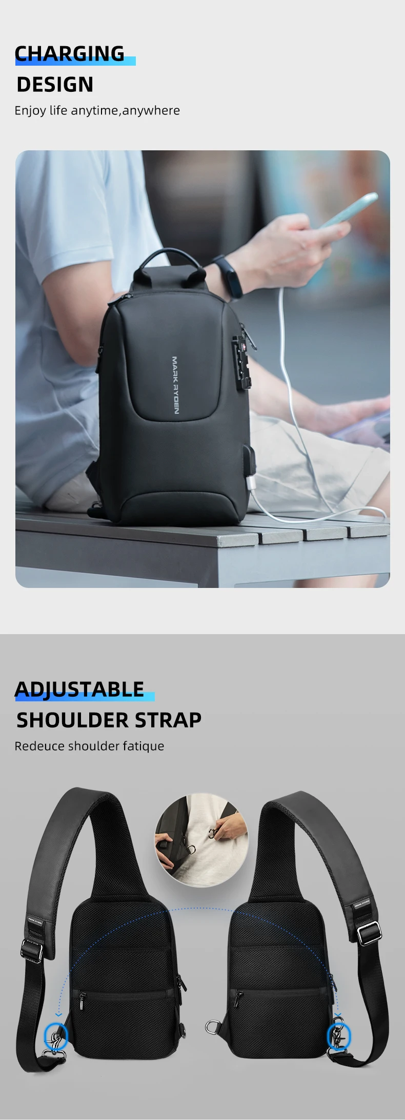 Mark Ryden Schultertasche mit USB TSA-Zollschloss Herren Umhängetasche Brusttaschen für Männer Brusttaschen Herren Schultertasche Crossbody – Detail 2