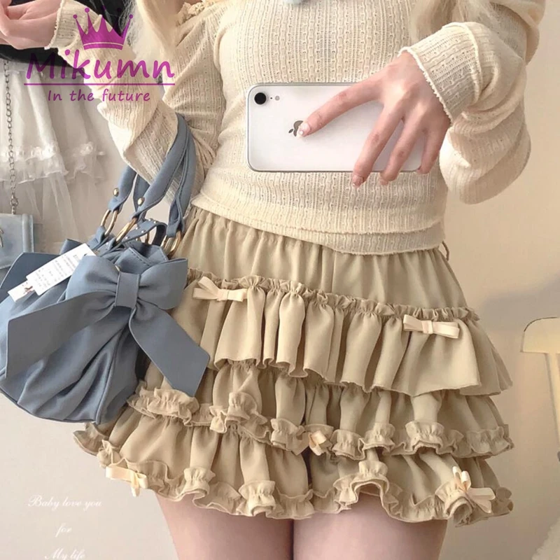 Mikumn Harajuku Zoete Strik Ruches Mini Rok Japanse Schattige Y 2K Elastische Taille Pluizige Geplooide Mini Rokken Lolita Kawaii Cake Rok