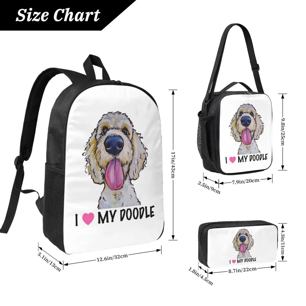 I Love My Doodle, Golden Doodle Art, Doodle Backpack BookBag School Bag Laptop Shoulder Bags 3ps Insulated Lunch Bag Pencil Case