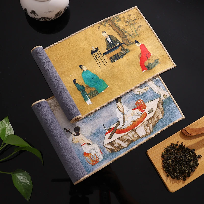 Toalla de té gruesa pintada china, accesorios de juego de té de alta gama súper absorbentes, tapetes de mesa profesionales para el hogar, servilleta