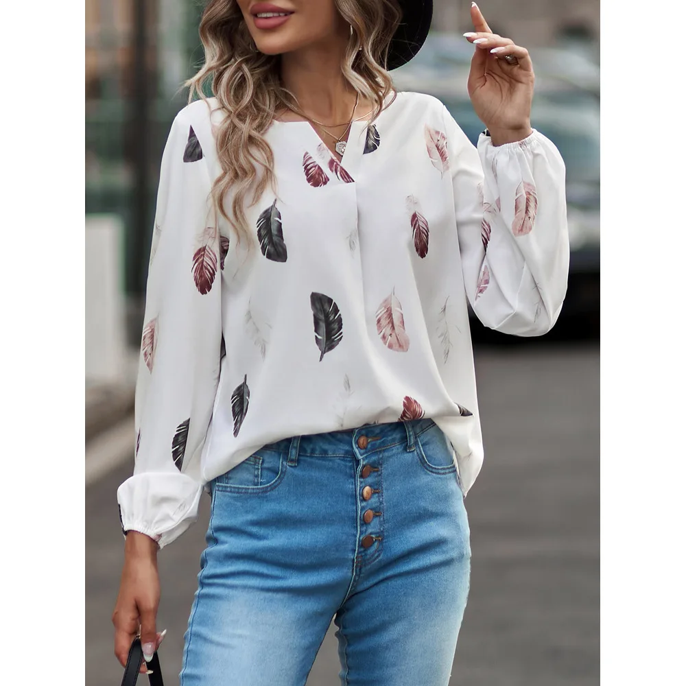 Autumn Winter Shirt Women\'s Loose Long Sleeved Blouse Feather Pattern V-neck Pullover Women Tops and Blouses Breathable Shirt