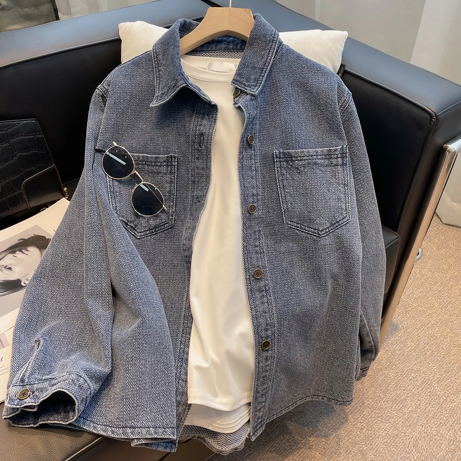 

Retro Denim Shirt Jacket Women's 2023 Autumn New Long Sleeved Loose Blouse Mid-length Slim Ladies Thin Outerwear Streetwear