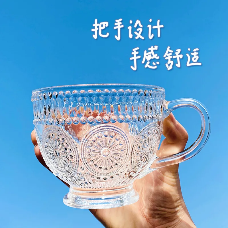 

Retro relief sunflower milk cup breakfast cup household glass cup water cup large capacity oat cup with handle