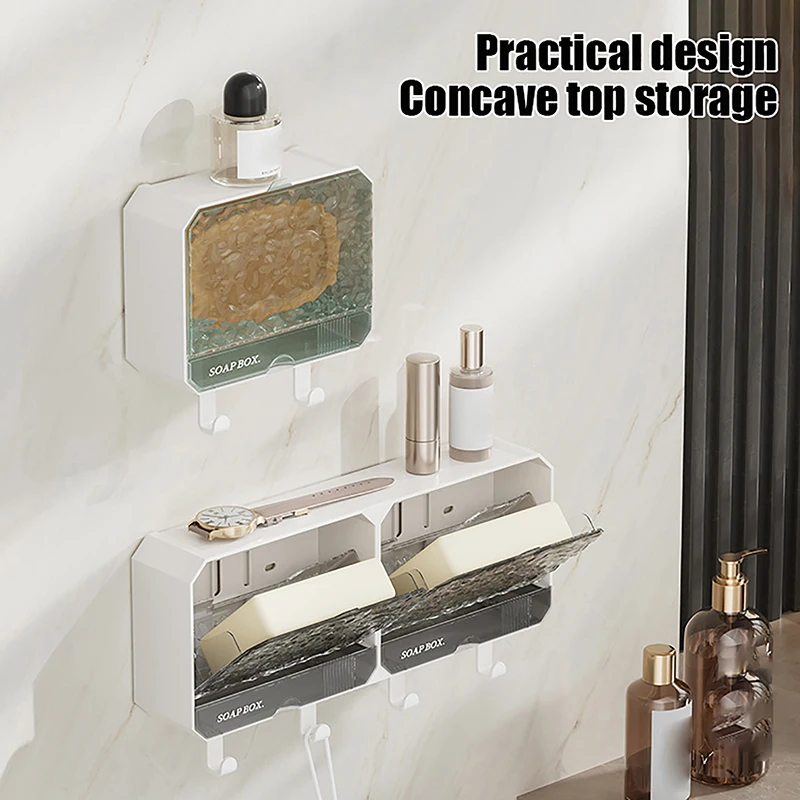 Wall-mounted Soap Dish Drain With Lid With Hooks Bathroom Storage Rack Originality Keeps Soap Dry Storage Organization