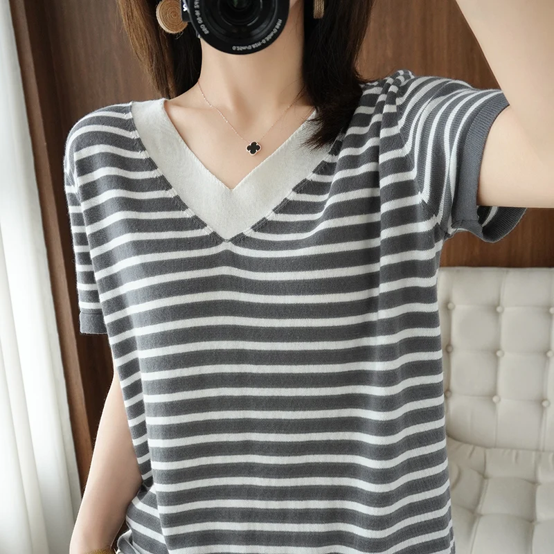 new summer cotton striped short sleeve T shirt women loose  versatile T-shirt Korean version half sleeve V collar bottom shirt