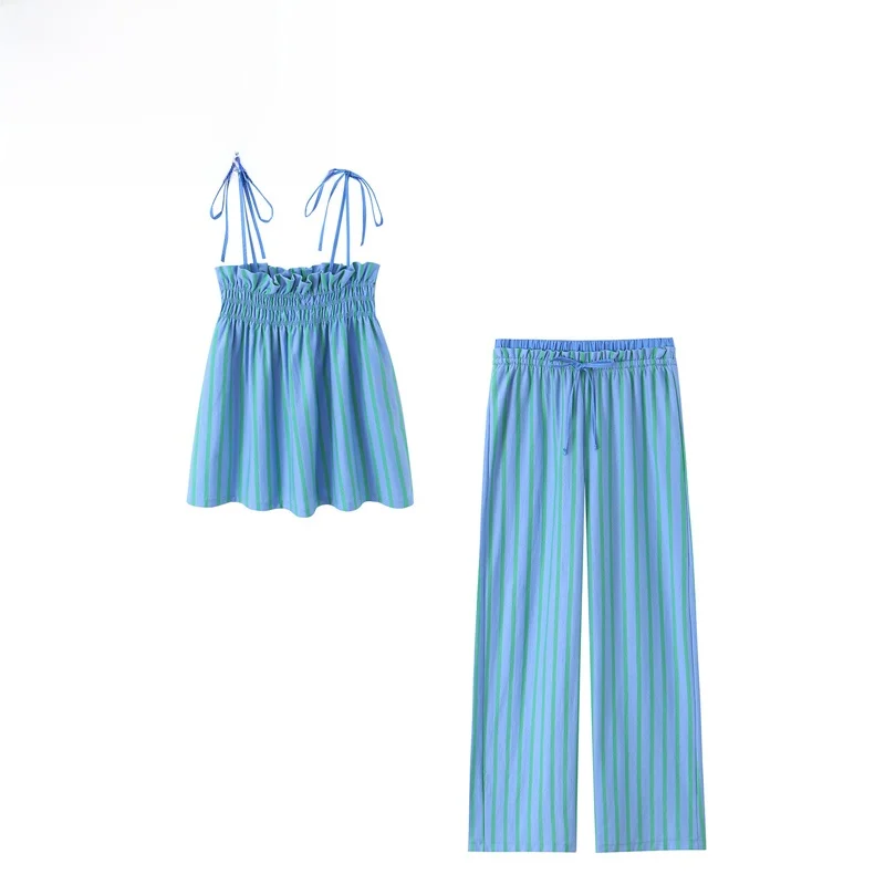 

Fashionable Striped Wrap Dress And Wide Leg Pants Women's Two-Piece Set Spring Season Long Pants Strap Design Casual Wear