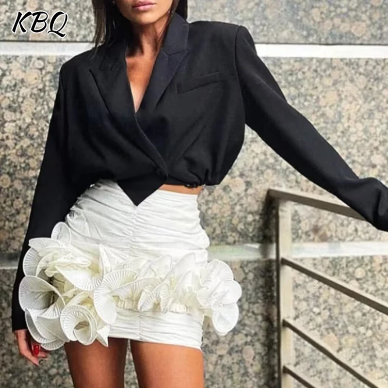 

KBQ Solid Patchwork Ruffles Slimming Skirts For Women High Waist Spliced Folds Temperament Bodycon Skirt Female Fashion Style