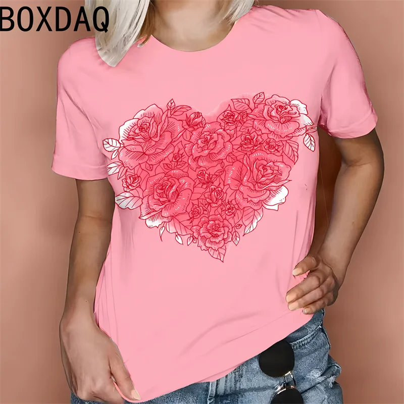 3D Cute Pink Love Pattern Printed T-shirt Women Summer Short Sleeve O-Neck Casual Tops S-XXL Fashion Street Personalized T-shirt