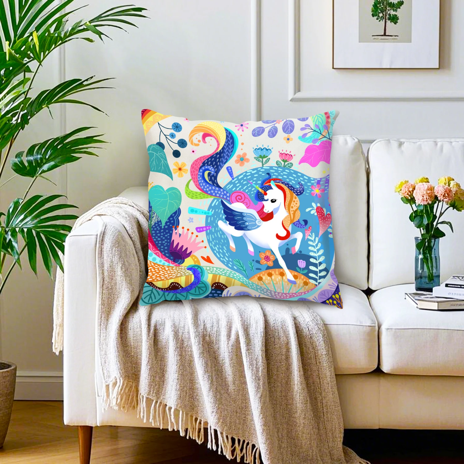 Fantasy Unicorn Linen Cushion Covers Whimsical Rainbow Floral Throw Pillow Case Magical Animals Home Decor Sofa Bedroom Patio