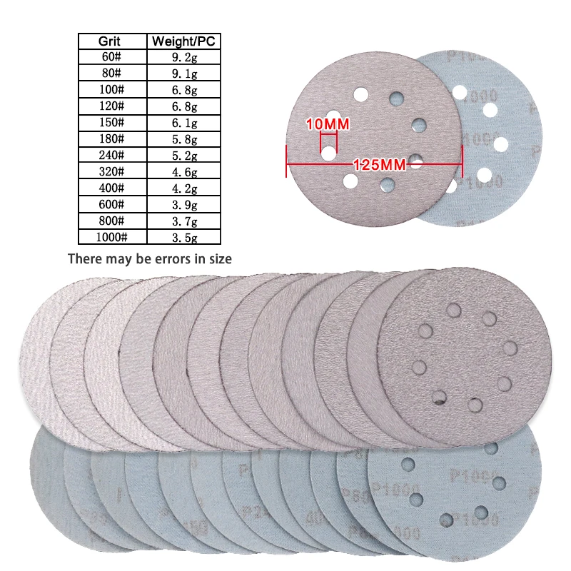 50Pcs Sanding Disc 5 Inch 8 Hole Hook and Loop Sandpaper 125mm  Aluminum Oxide 60-1000 Grit for Random Orbital Sanders Polishing