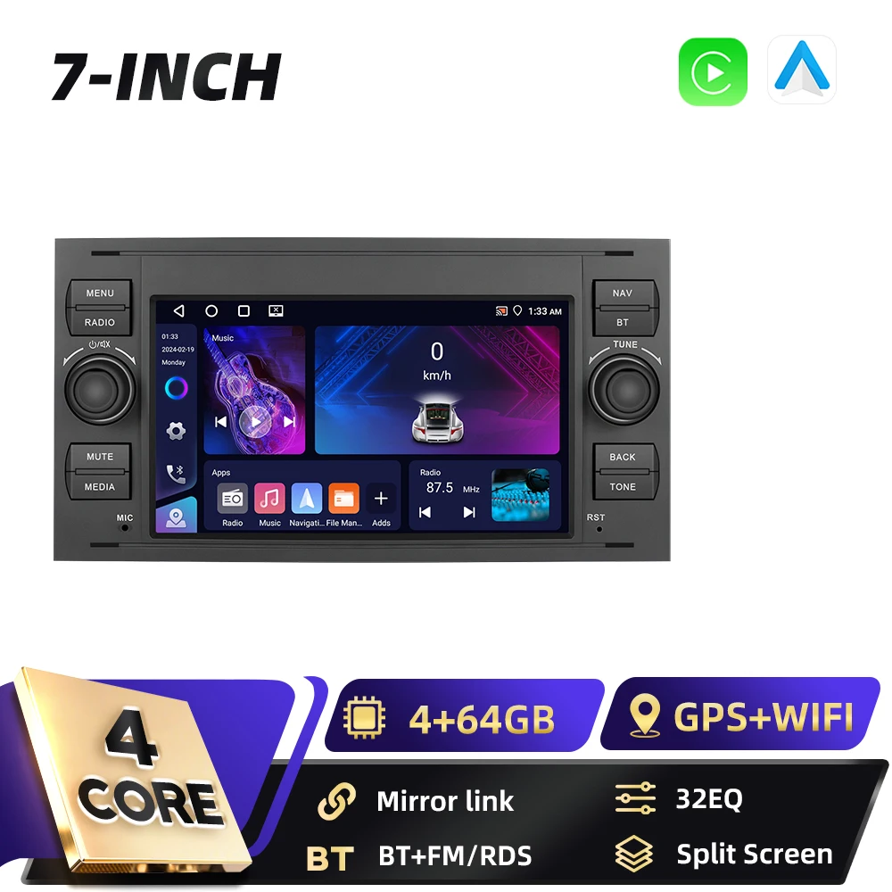 Radio de Coche Android de 7 Pulgadas para Ford Transit, Fiesta, Focus, Mondeo, Galaxy, Fusion, Kuga, C-Max, S-Max, CarPlay, Android Auto, GPS, WiFi, BT, RDS