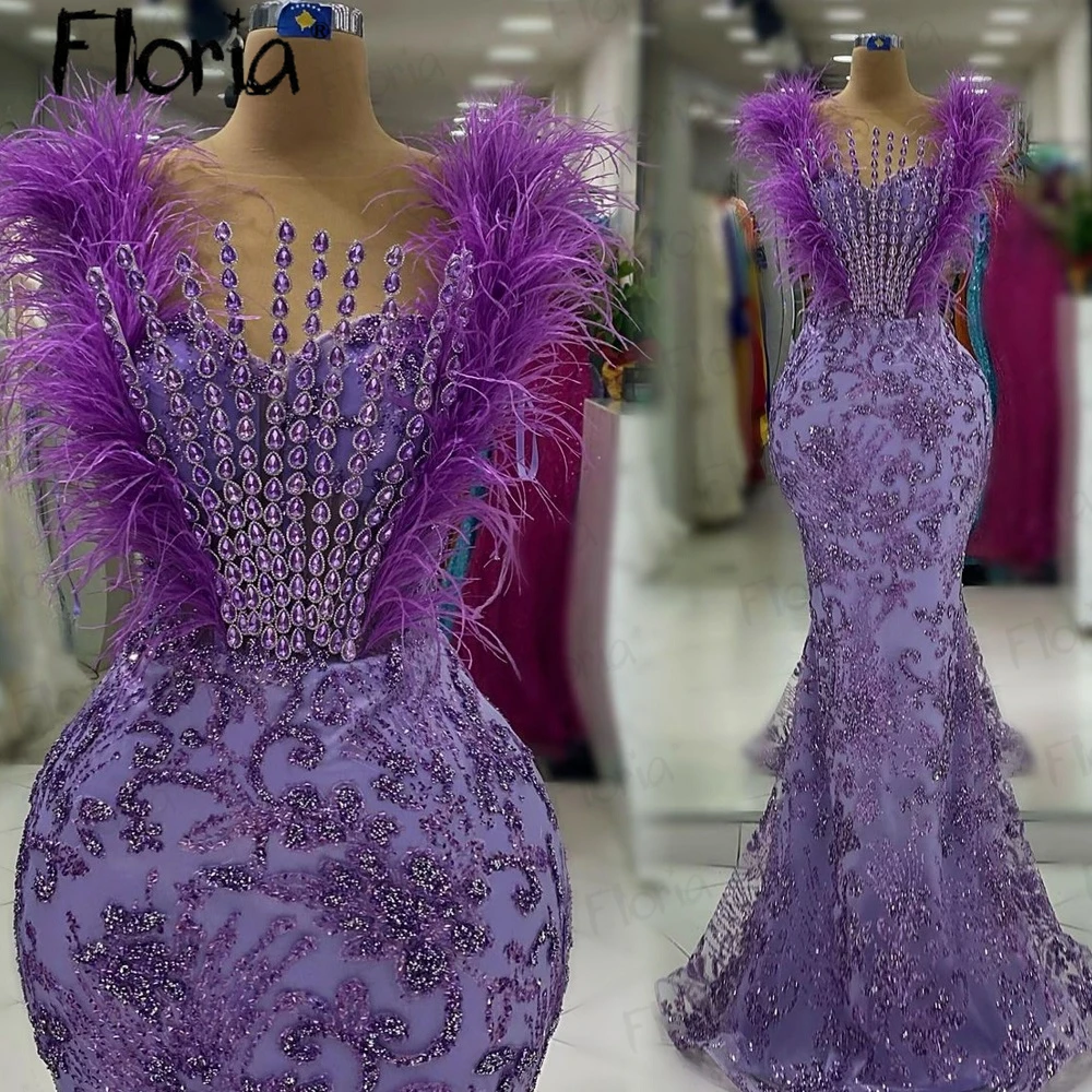 Vestido de fiesta sin mangas de plumas lilas, Vestidos de Noche de lujo con cuentas de cristales, Vestidos de Noche de boda hechos a medida, elegantes vestidos de graduación formales 2023