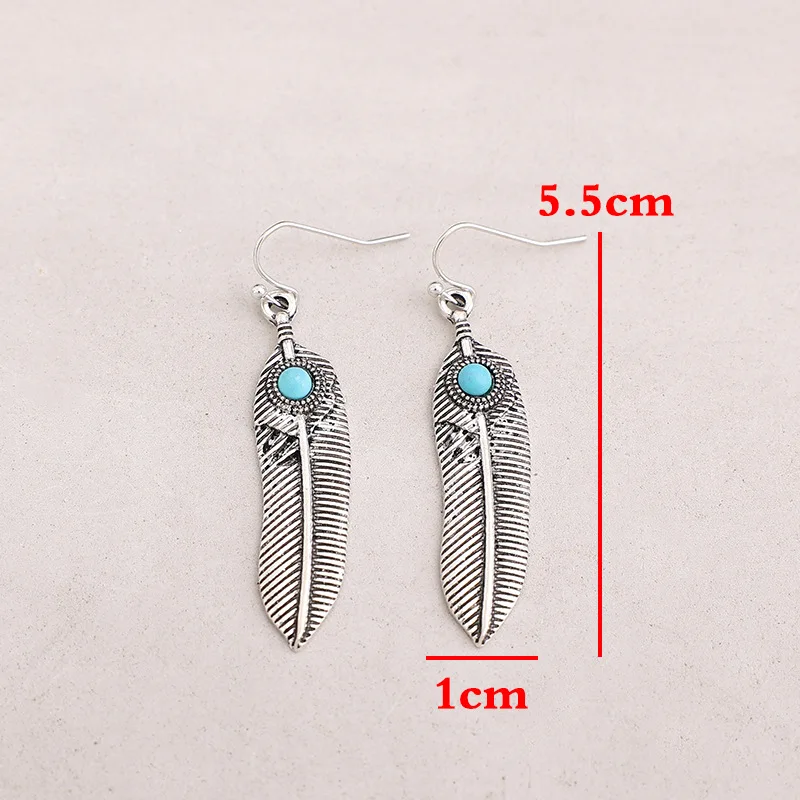 أقراط من سبائك الفيروز بتصميم بوهيمي عتيق مزينة بالريش، مجوهرات عصرية جديدة عبر الحدود لتزيين الأذن