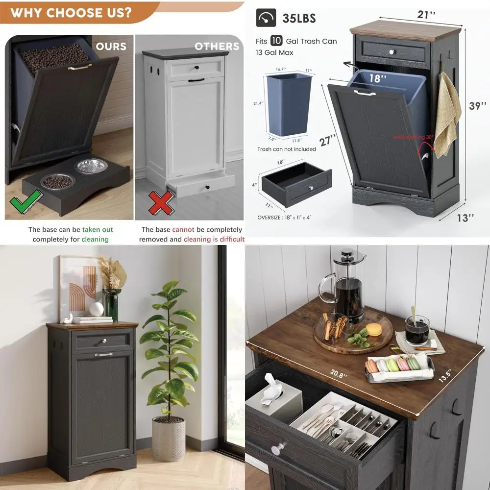 

10-галлонный наклонный мусорный шкаф с выдвижным ящиком, устойчивый к домашних животных, для кухни и прачечной (черный)