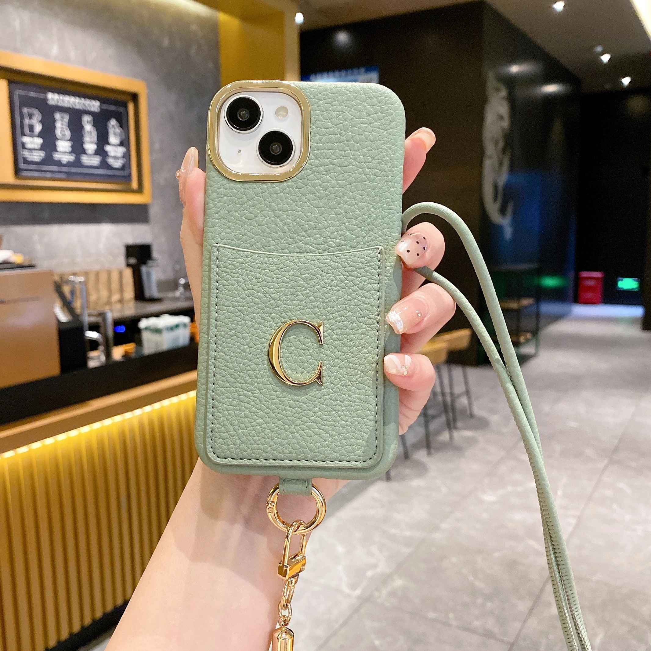 Customized Leather Phone Case Initials Name Gold Letter Cardholder iPhone 15 14 13 12 11ProMax Plus Crossbody Lanyard