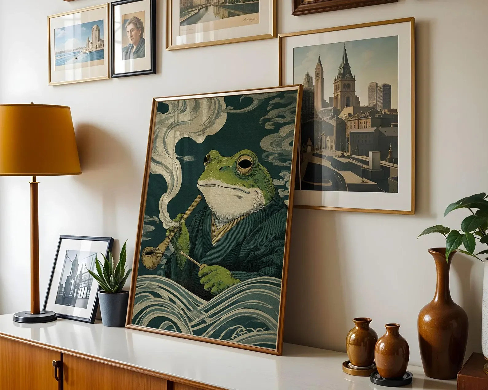 Japanese Frog Poster, Frog Smoking a Cigarette Vintage Poster Print Japanese Vintage Wall Art, Art Retro Whimsical Print, Animal image 2