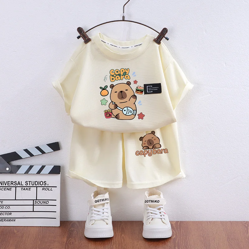 2Pcs Capybara T-shirt Suits Short Sleeves Kawaii Animal Tracksuit Cartoon Print Casuals Summer Coolness Clothes Loungewear Set