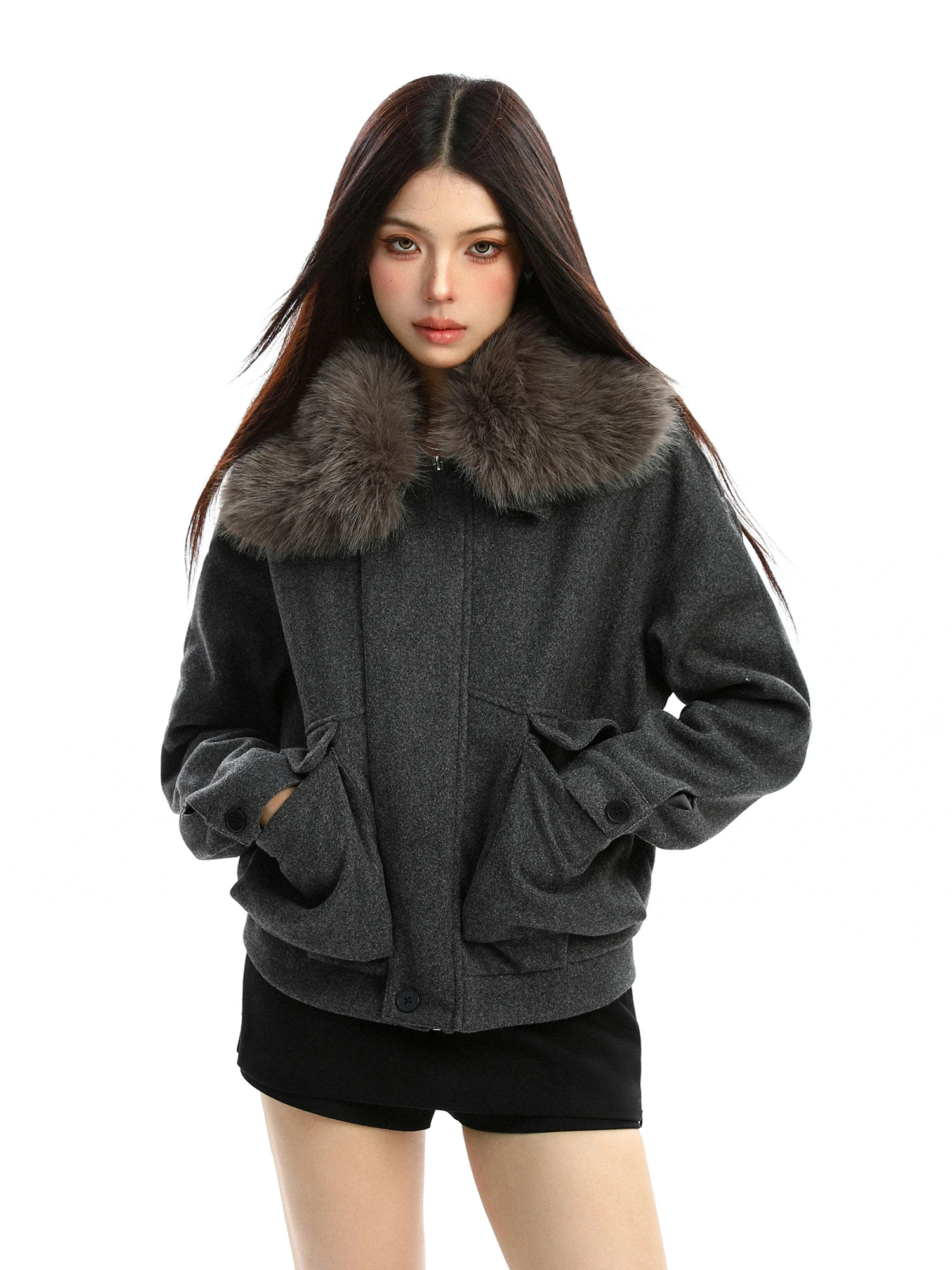 

Корейская женская утепленная хлопковая куртка свободного кроя с меховым воротником, винтажное зимнее пальто прямого кроя с длинными рукавами на молнии