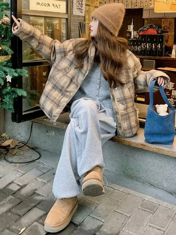 Retro ort Puffer Jaet frauen Winter Thi Warme Koreanische Sle Plaid Lose Brot Mantel Casual Pendeln Sle Oberbekleidung