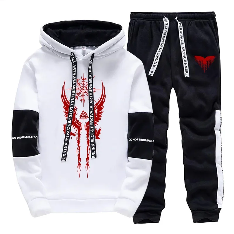 

Viking Raven Mens Sweatshirt Sweatpants Autumn Winter Casual Sporty Jogger Set 2025 Urban Fashion Street Style Hoodie Sportswear