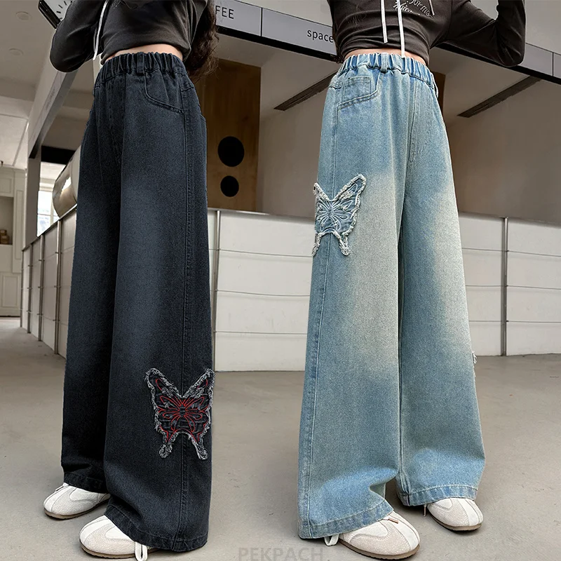 Moda para chicas, pantalones vaqueros de pierna ancha con mariposas, pantalones de corte recto, ropa de moda para niños, pantalones vaqueros negros y azules para niños de 5 a 14 años