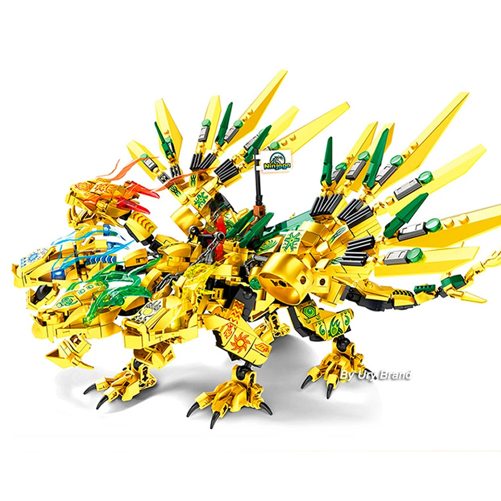 Robot Ninja Golden Warrior Mech 2 en 1, 2 têtes de Dragons volants, ensemble de figurines de chasse, blocs de construction, jouets pour enfants,