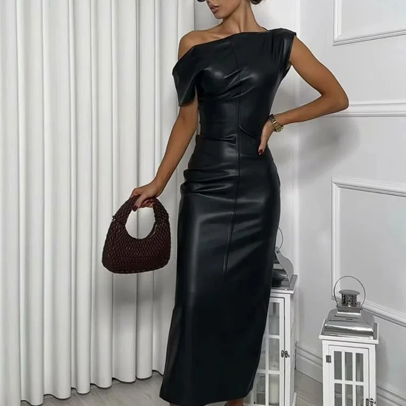 2024 Autumn Winter Asymmetric Dress Woman MIDI Slim Fit Faux Leather Dresses Women Dress Casual Dresses