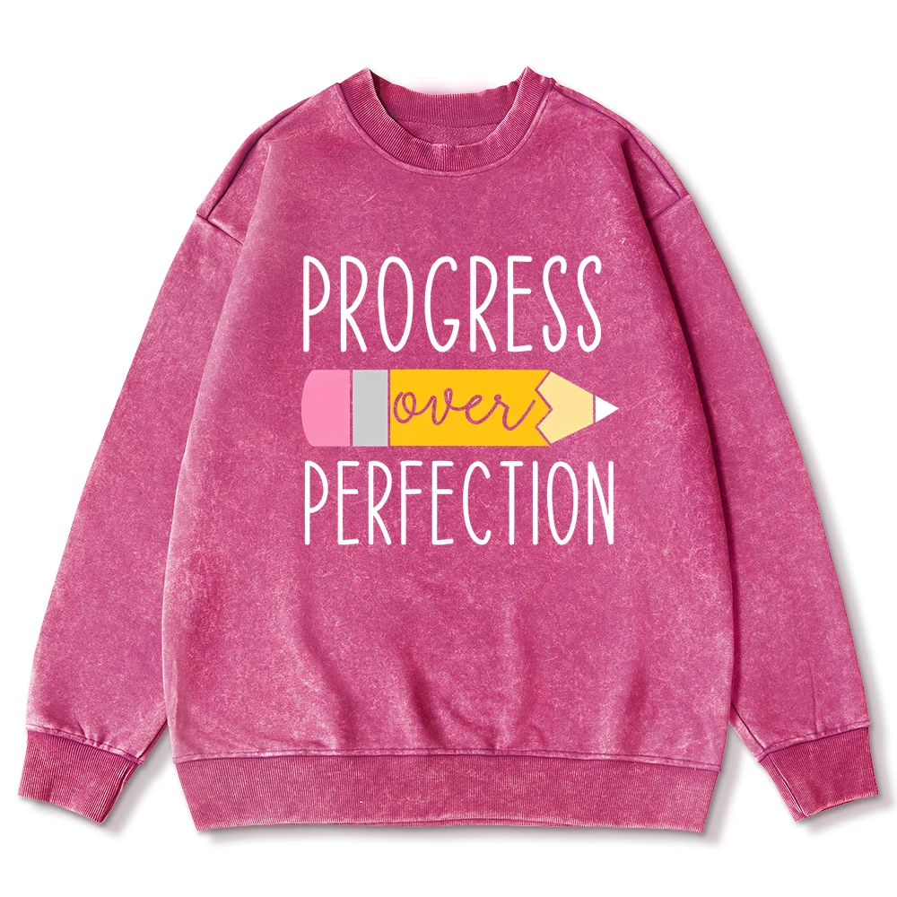 Progress Perfect Pencil Creative Print Women Pullovers Fashion Hip Hop Washed Sweatshirt Loose Casual Hoody All-Match Cotton Top