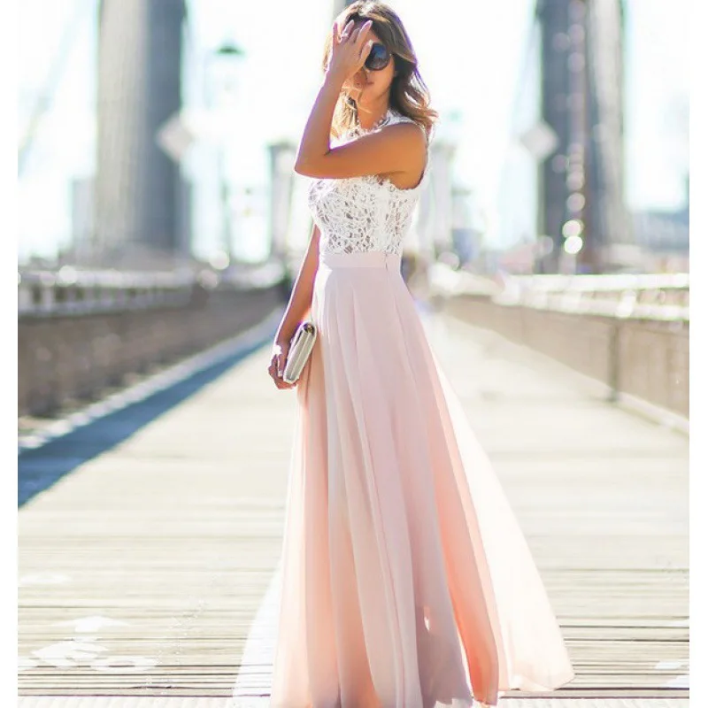 Frauen Herbst Frühling Kleider Spitze Chiffon Casual Patchwork Ärmelloses Maxi Kleid frauen Kleidung JQMY2026