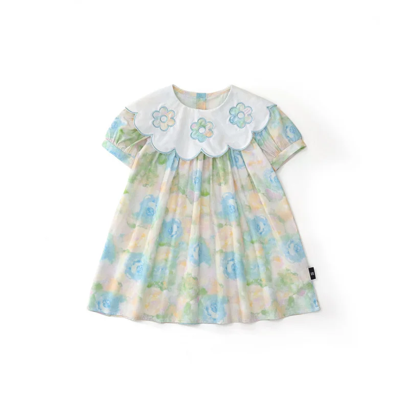 

Girls' Dress2025New Oil Painting Style Bubble Short Sleeve Embroidered Doll Collar Fashionable Children's Princess Dress
