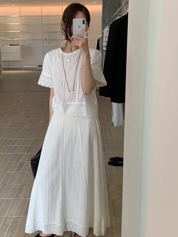 Korean Sle Faion Set Women Summer Lace Splicing Top High Waist Slimming Personali  Skirt White Two Piece Set