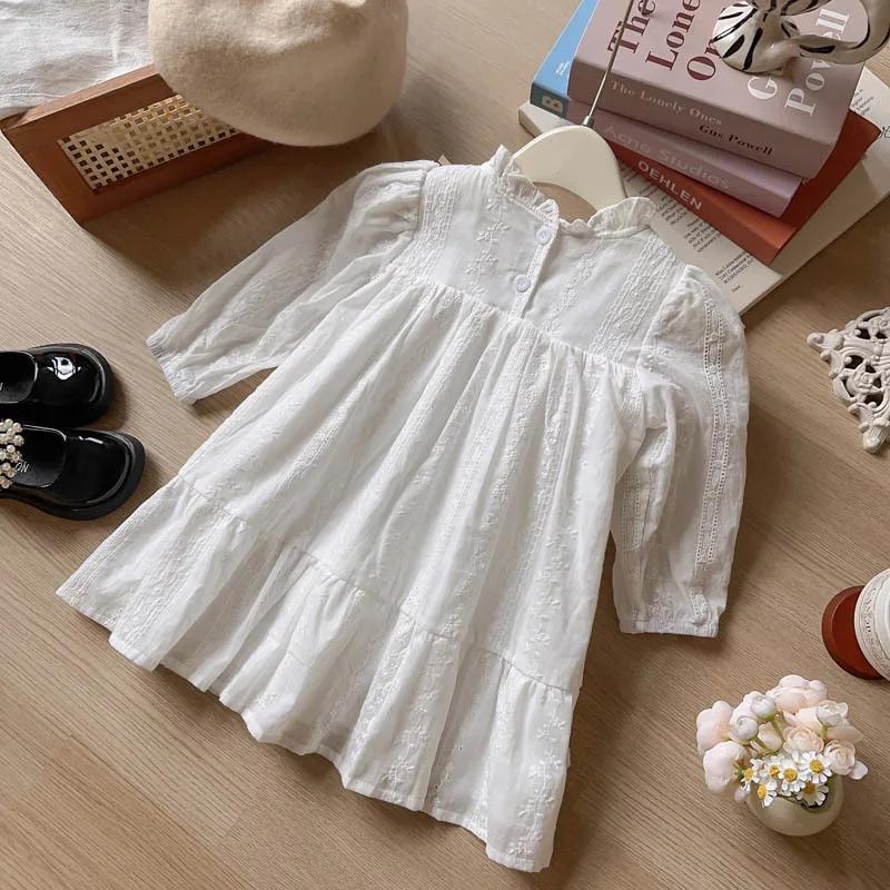 MILANCEL Spring Autumn Girls Clothing 2-7 Y Korean Style Embroidered Floral Princess Dress Children\'s Ruffled Collar Solid Dress