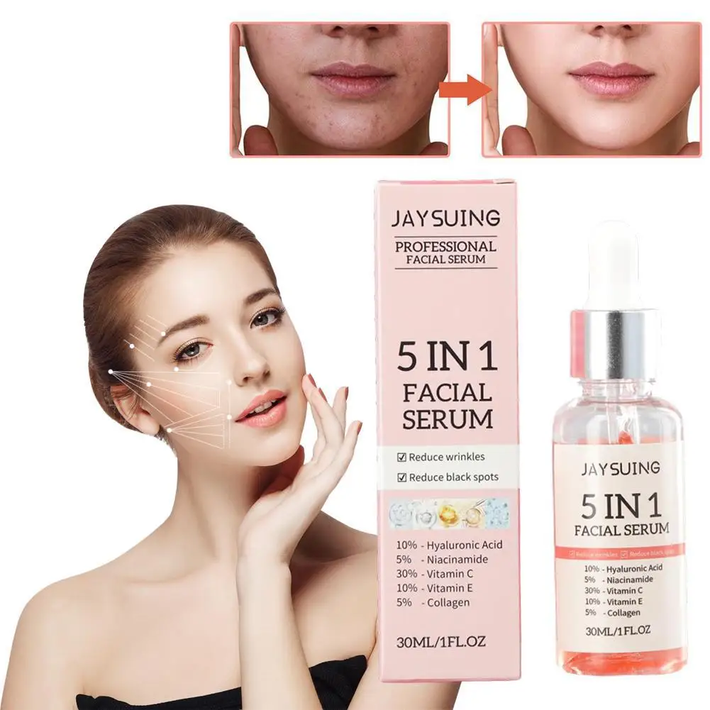 Soro Facial Hidratante, Clareamento, Anti-Rugas, Anti-Envelhecimento, Vitamina C, Ácido Hialurônico, Poros Encolhedores, Cuidados com a Pele, 5 em 1, 