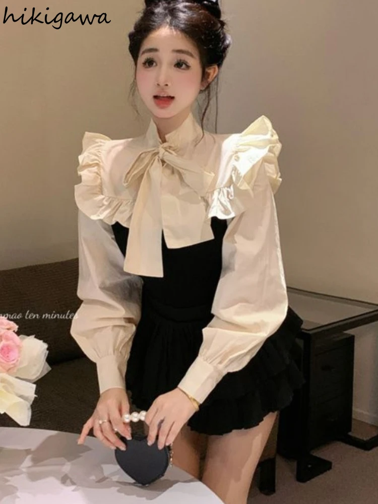 Temperament Women Shirts 2023 Blusas De Mujer Long Sleeve Contrast Color Blouses Bandage Bow Sweet Ruffles Vintage Blouse Tops