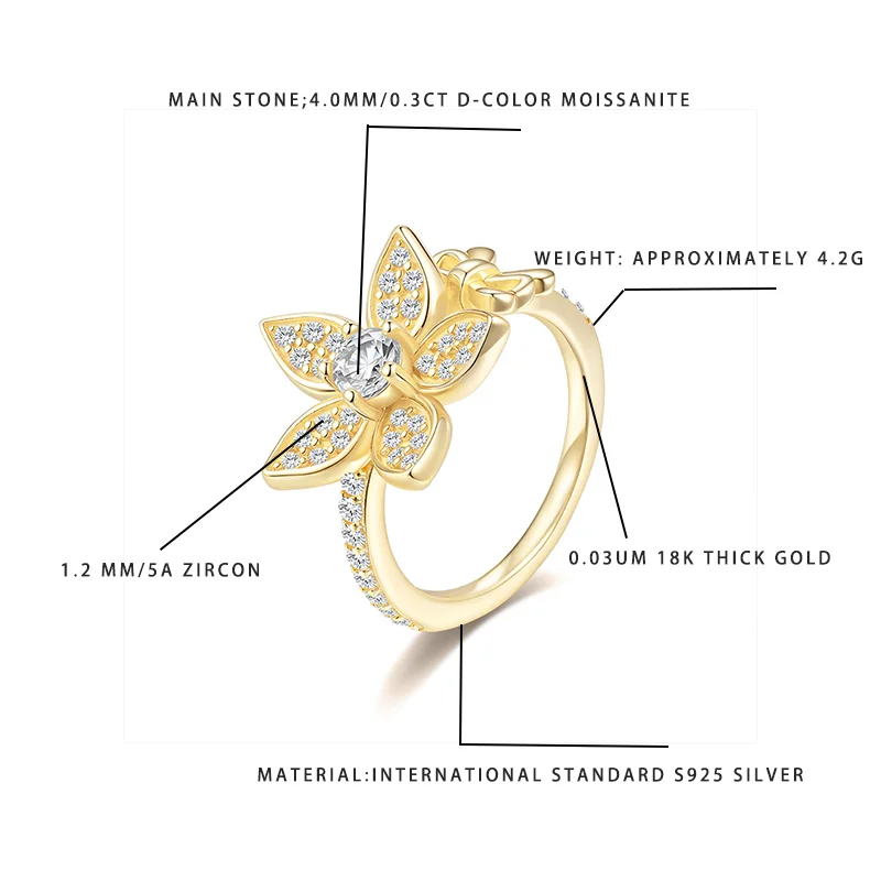 

Легкое роскошное кольцо с цветком 0,3 карата D-цвет Муассанит Серебро 925 пробы 18 К Позолоченный циркон Женский повседневный модный аксессуар