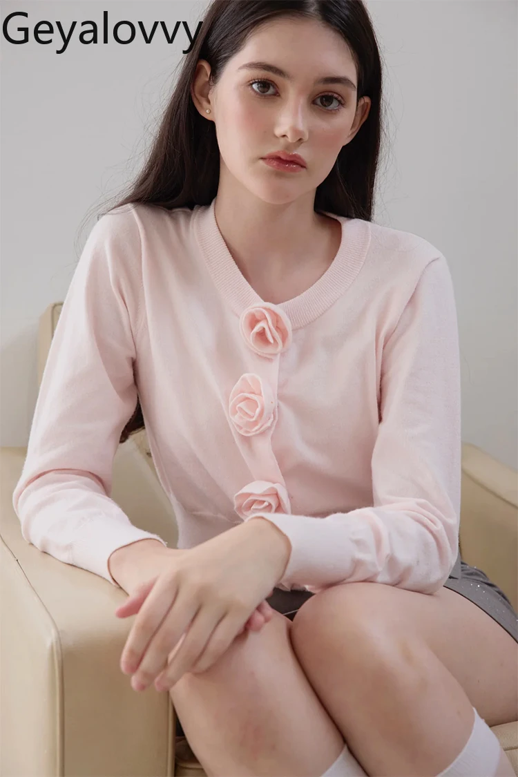 

Мягкий тонкий женский вязаный кардиган с длинными рукавами в японском стиле и круглым вырезом, милый короткий однотонный топ ручной работы с розой