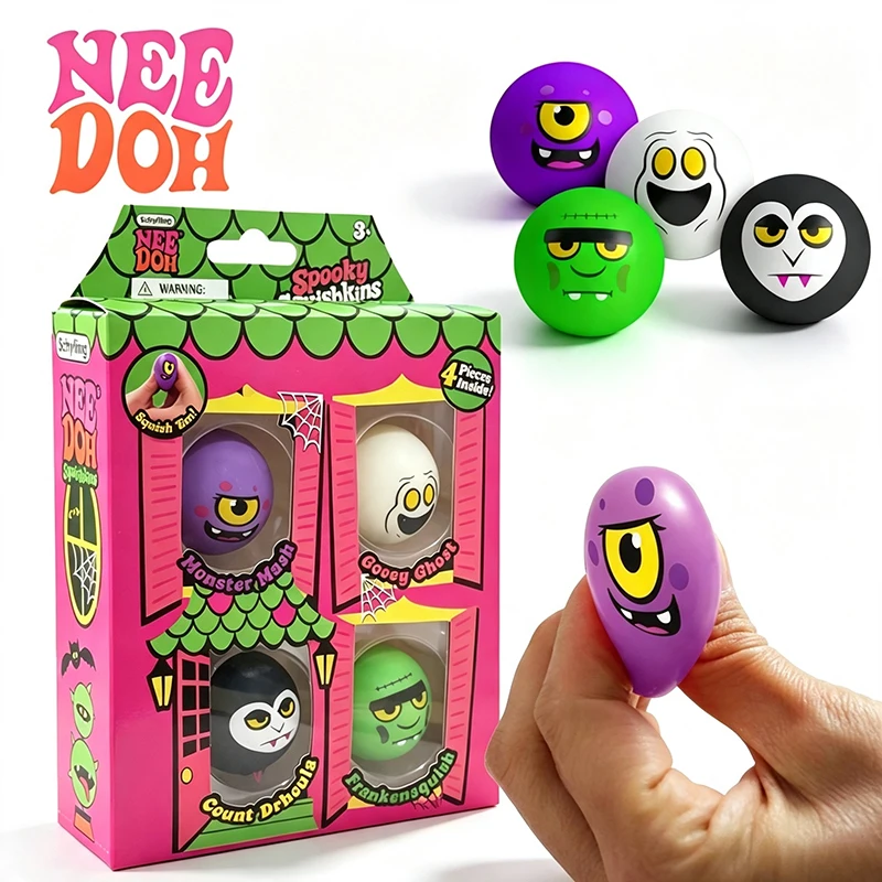 Schylling Needoh Spooky Squishkins Mini Squeeze Ball 4Pack Set Halloween Ghost Vampire Monster Stress Relief Adults Party Gift