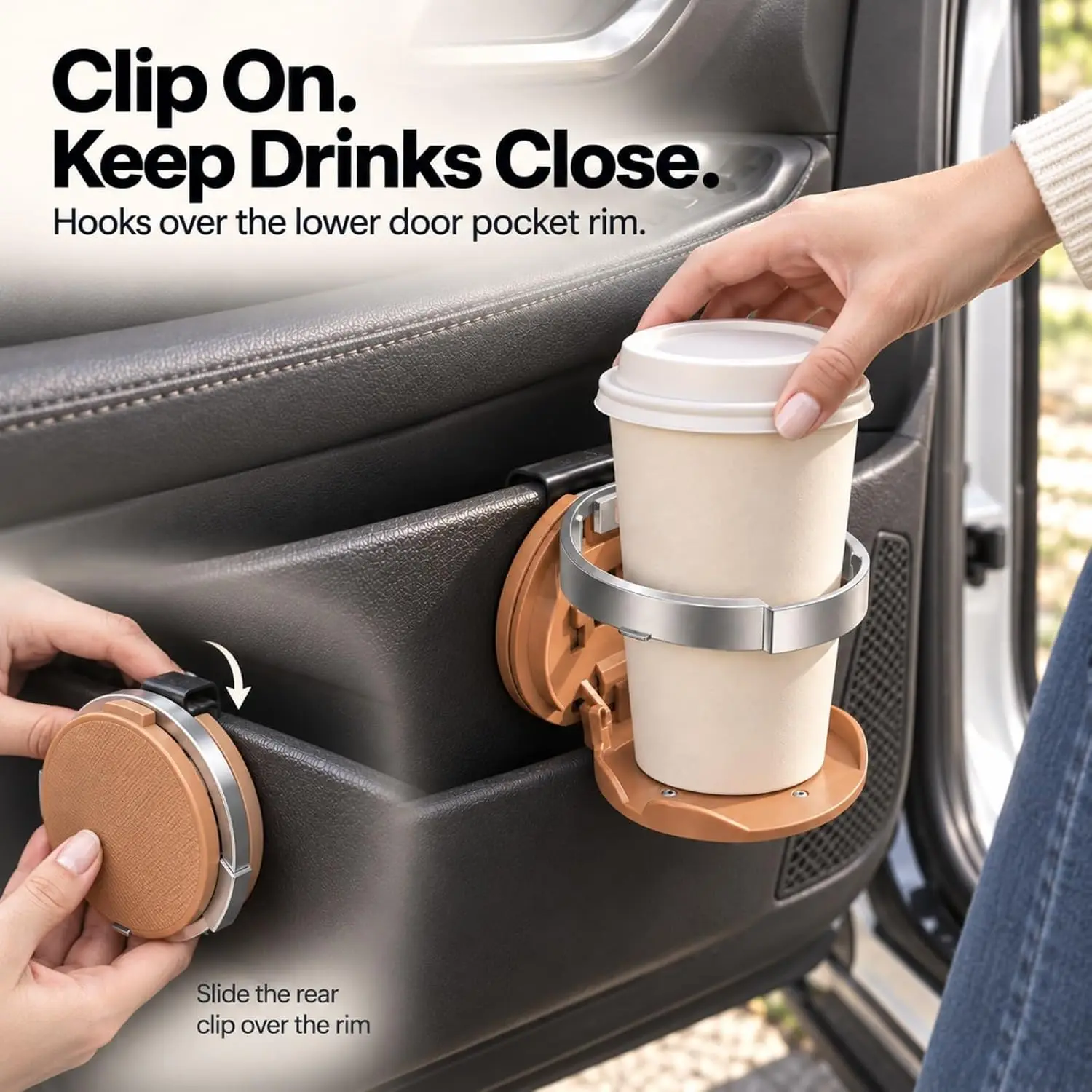 Faltbarer Getränkehalter für Autotüren, Clip-On-Getränke- und Handyhalter für Autos, Aufbewahrungsregal für Kaffee- und Wasserbecher, Flaschenorganizer – Detail 5