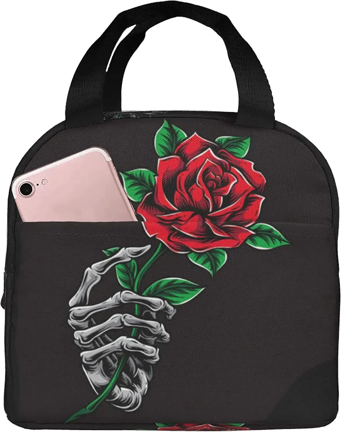 Skeleton Hand Holding Red Rose Lunch Bags Insulated Lunch Box Cooler Thermal Tote Bag Reusable for Work School Hiking Picnic