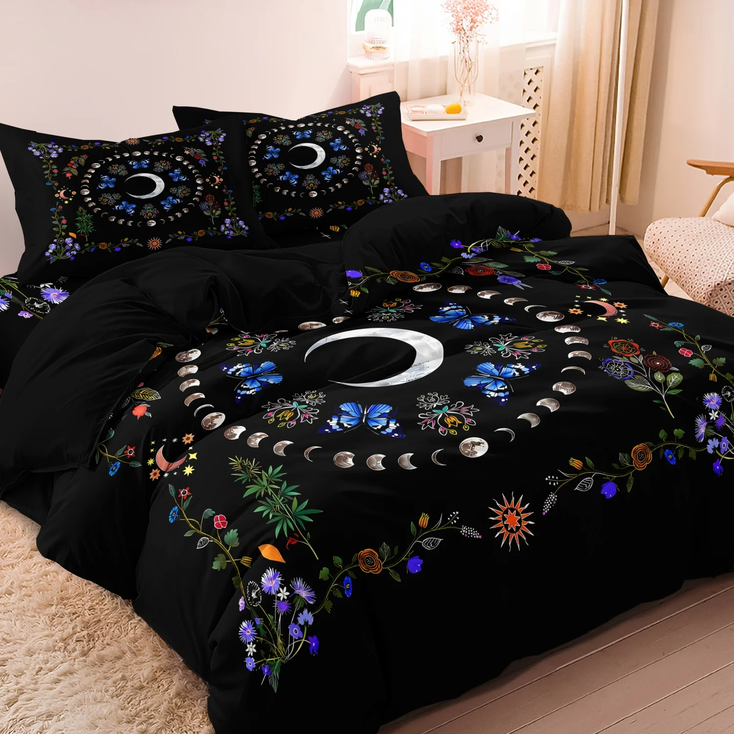 

3pcs Blue Butterfly Animal Digital Printing Duvet Cover,White Crescent Moon And Rose Flowers, Plants Design Bedding Set,