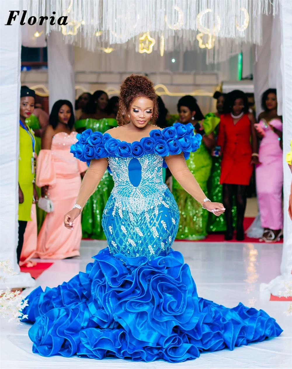 Blue 3D Flowers Off Shoulder Cocktail Dresses With Ruffles Long Skirt Customized Beaded Women Evening Dress Wedding Party Gowns