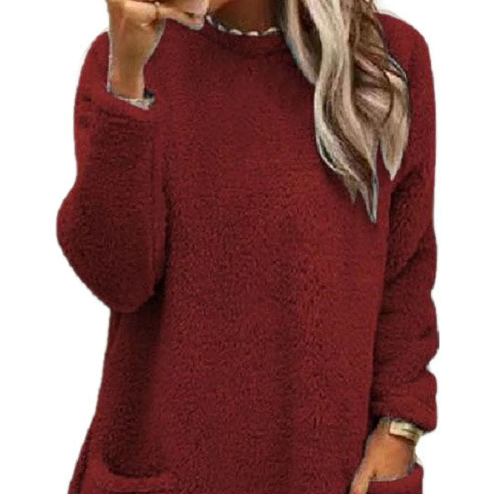 Damessweatshirt met bedrukte zakken Trendy dameswintersweatshirt Zachte warme trui met zak Top met ronde hals en lange mouwen