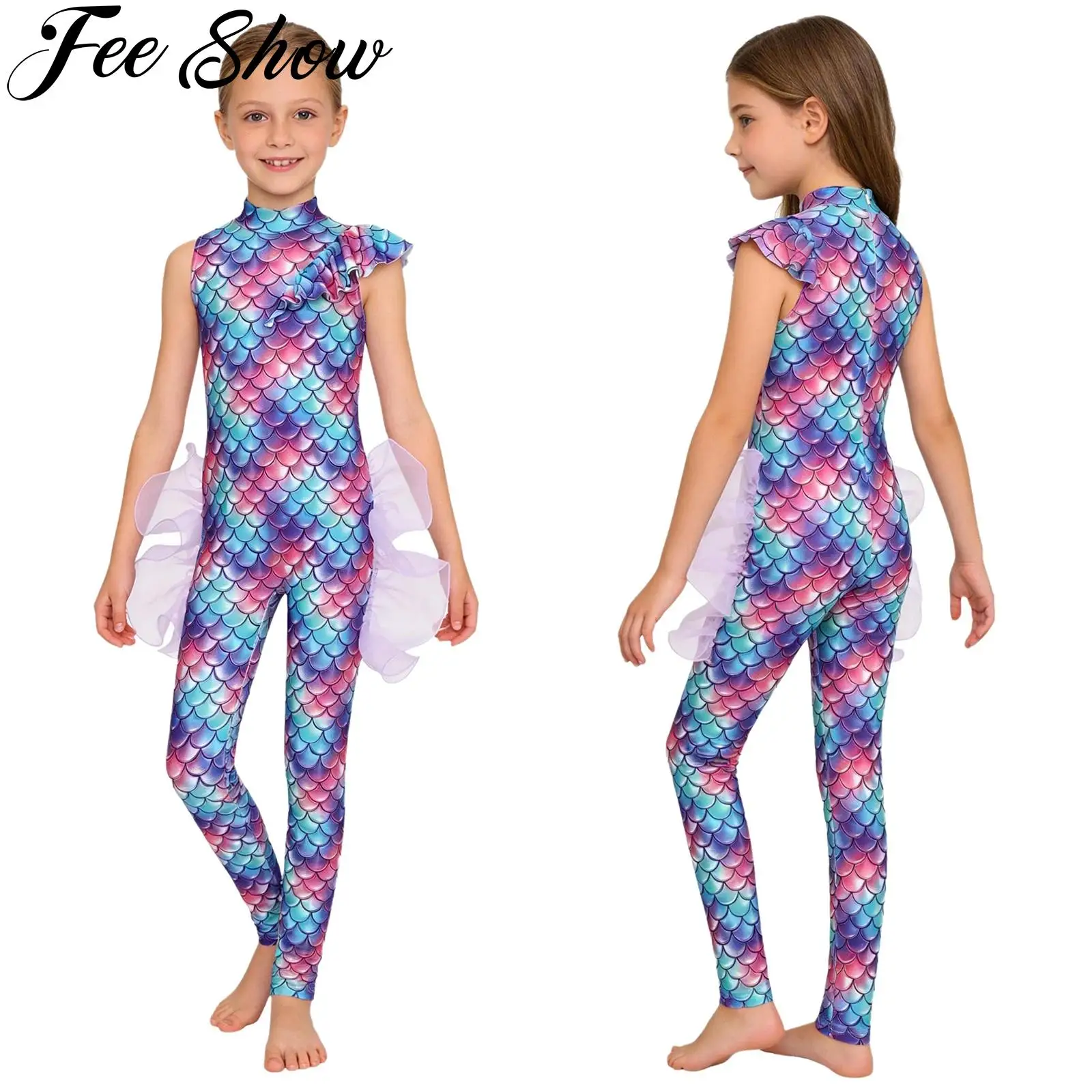 Children Girls Mermaid Princess Jumpsuit Fish Scale Printed Swimsuit Sleeveless Ruffled Mesh Unitards Ballet Gymnastics Leotard